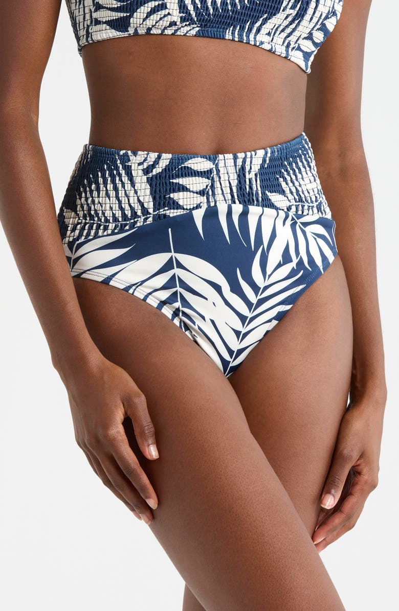 Hutch Smocked High Waist Bikini Bottoms, Main, color, Navy Paradise Foliage