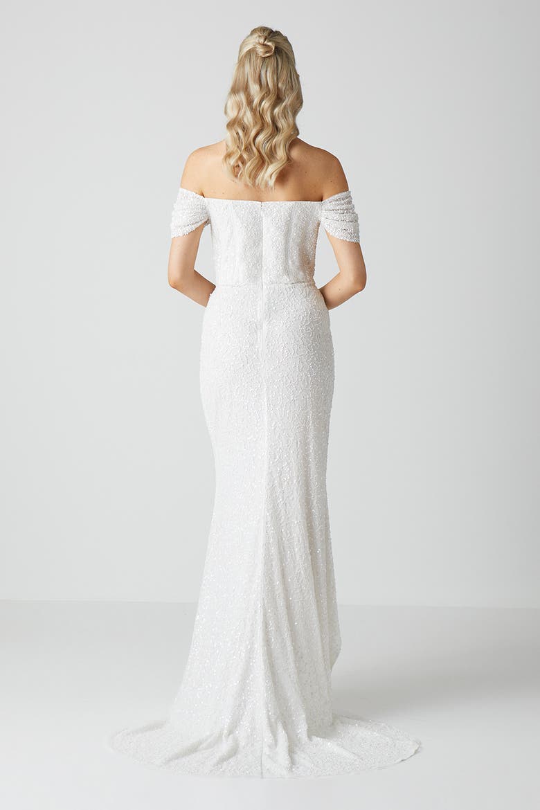 Sequin Bardot  Wrap Skirt Wedding Dress, Alternate, color, Ivory