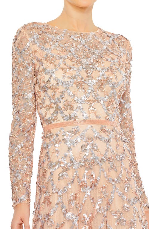 Mac Duggal Embellished Illusion High Neck Long Sleeve A Line Gown In Blush