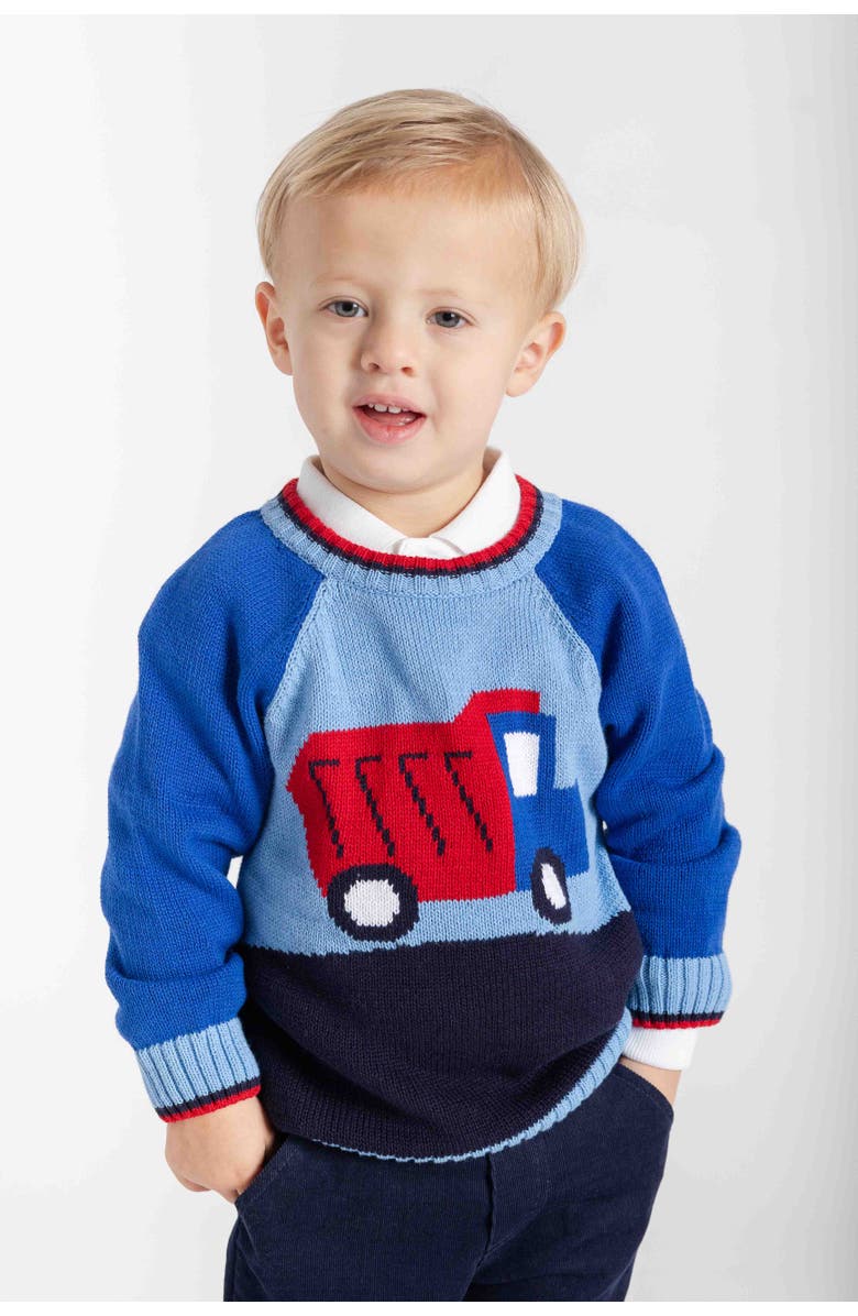 Florence Eiseman Sweater With Dump Truck, Alternate, color, Light Blue, Royal, Navy, Red