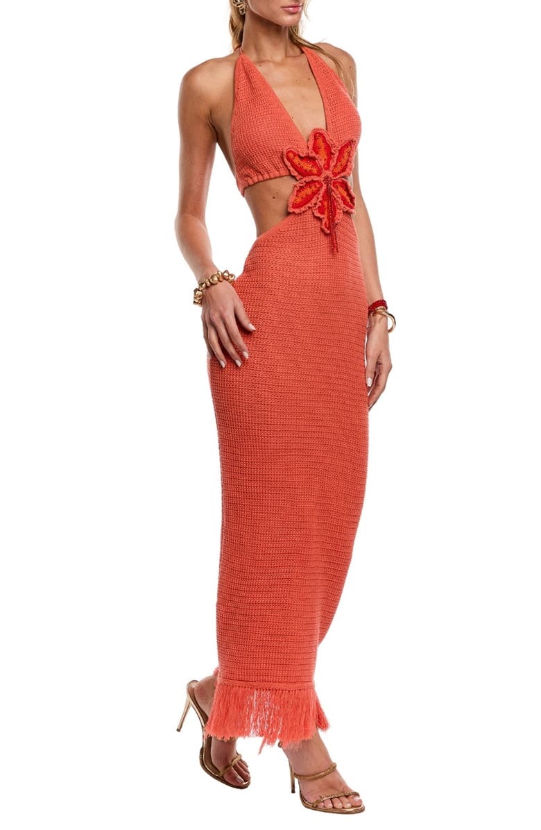 Capittana Starla Halter Open Back Fringe Hem Cotton Blend Cover-Up Dress, Alternate, color, Peach