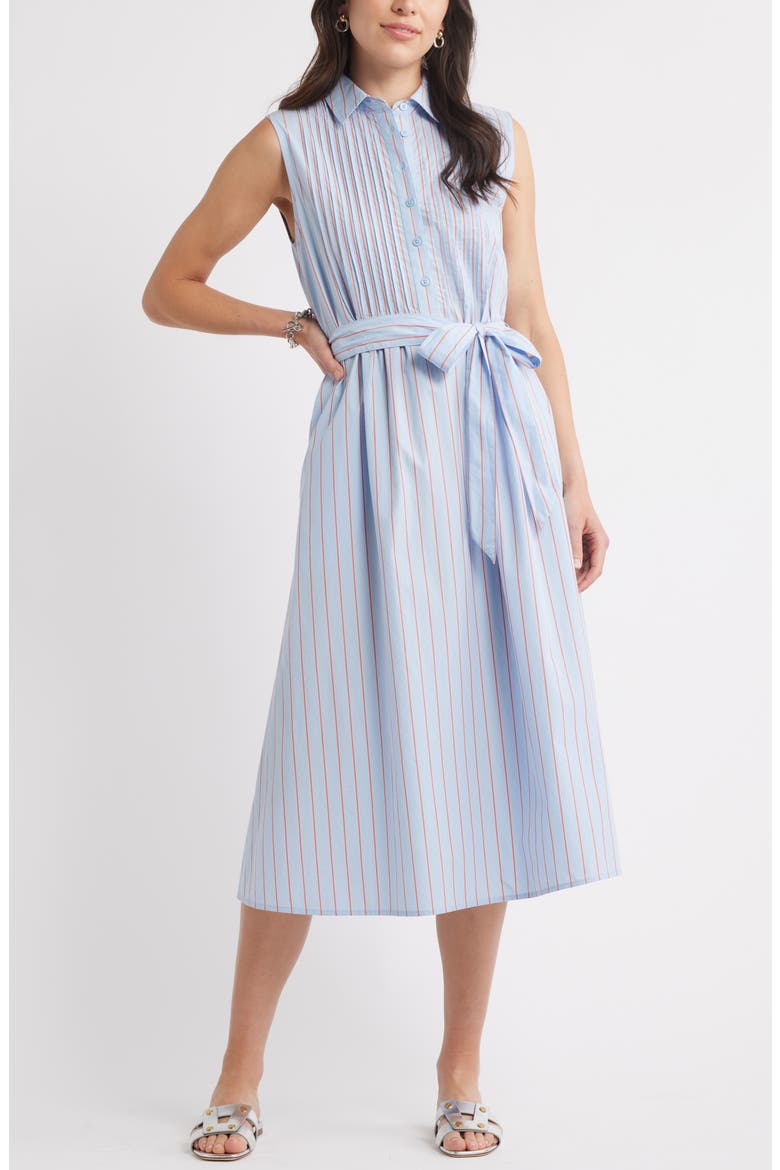 Pintuck Tie Waist Cotton Shirtdress, Main, color, BLUE WINDSURFER JEN STRIPE