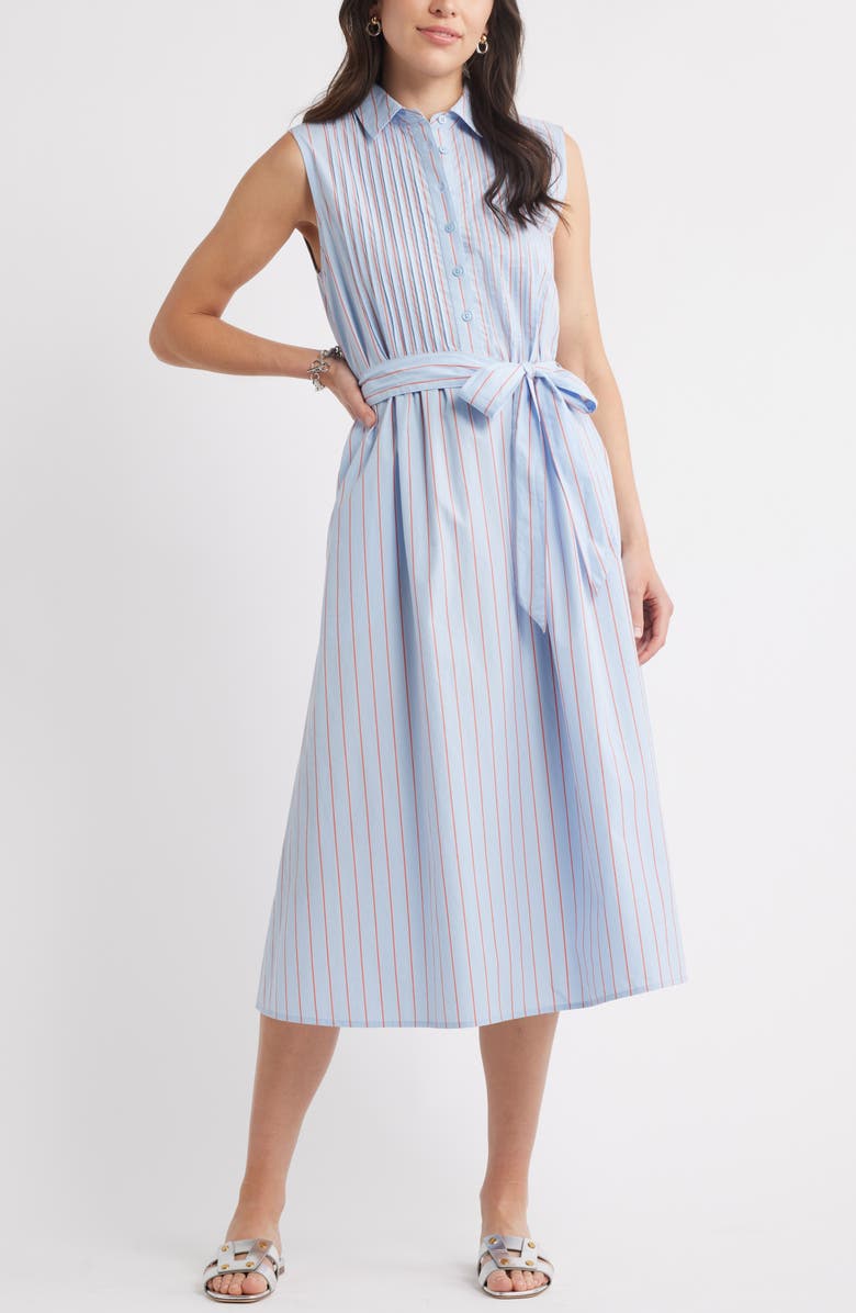 Caslon<sup>®</sup> Pintuck Tie Waist Cotton Shirtdress, Main, color, Blue Windsurfer Jen Stripe