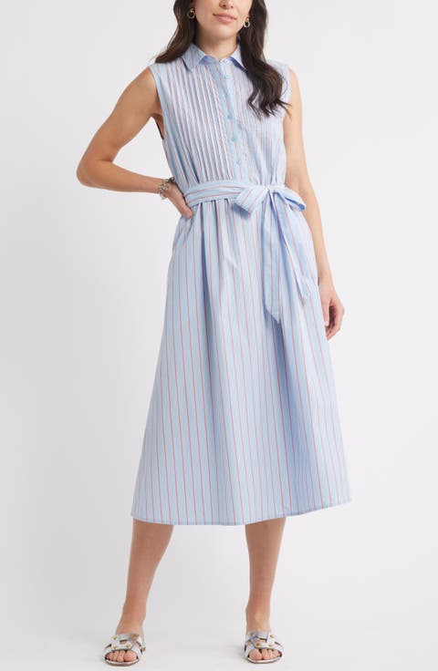 Pintuck Tie Waist Cotton Shirtdress