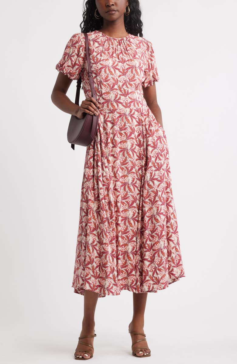 Chelsea28 Shirred Neck Puff Sleeve Midi Dress, Alternate, color, Pink Noel Boho