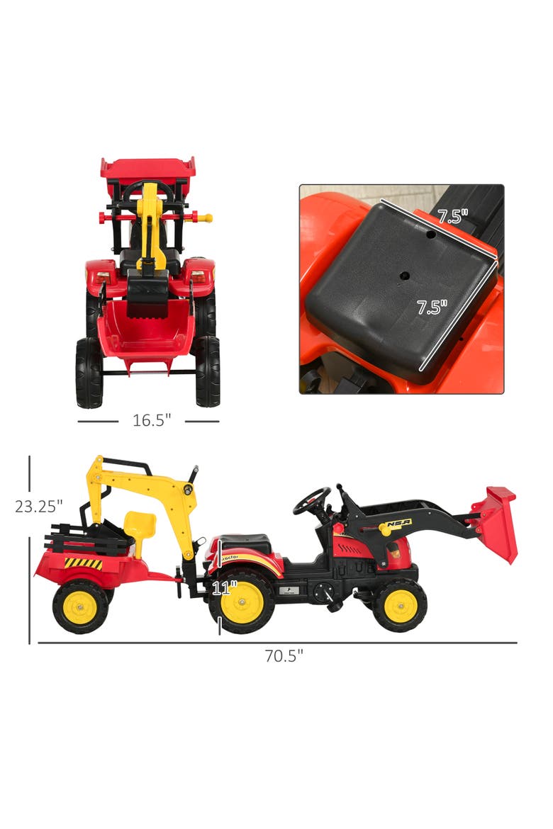 3 in1 Kids Ride On Bulldozer with 6 Wheels, Controllable Cargo Trailer, Easy Pedal, Alternate, color, Red