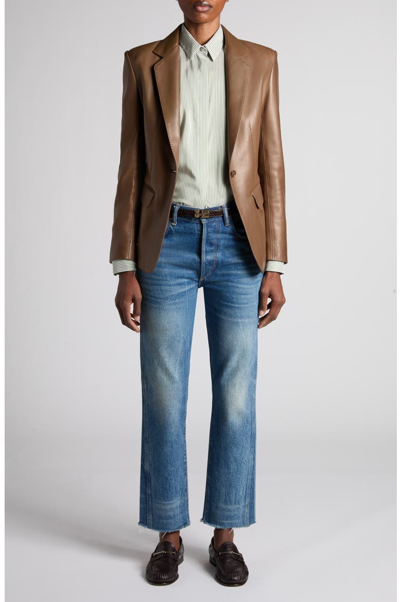Guanteria Single Breasted Leather Blazer, Alternate, color, TAUPE