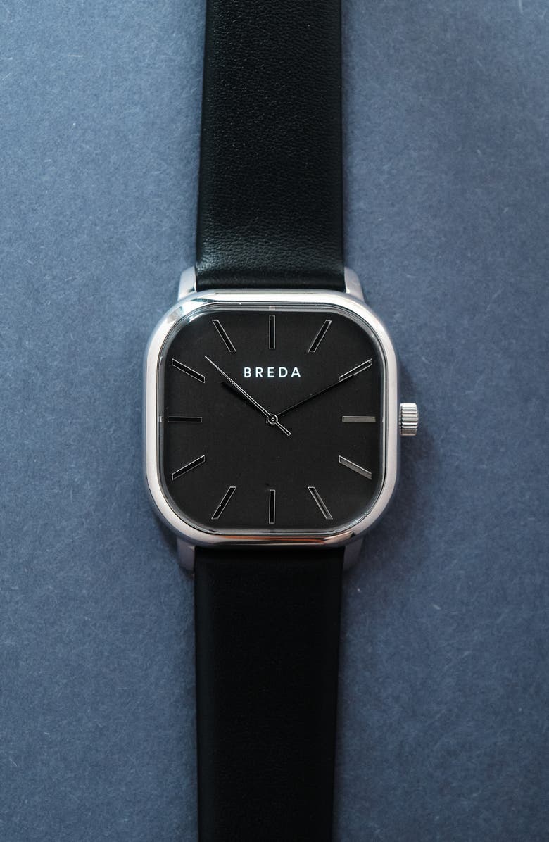 BREDA Visser Leather Strap Watch, 35mm, Alternate, color, Silver/ Black