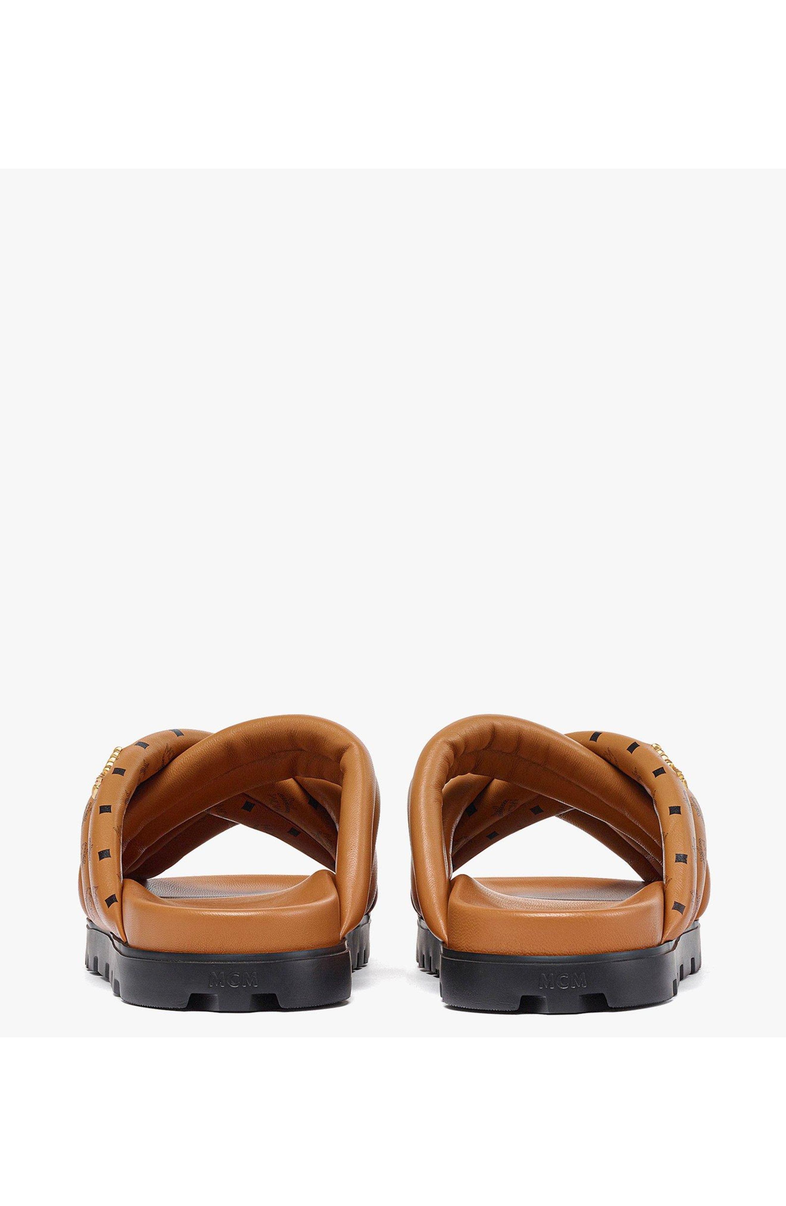 MCM Monogram Print Cross Sandals in Lamb Leather, Alternate, color, Cognac