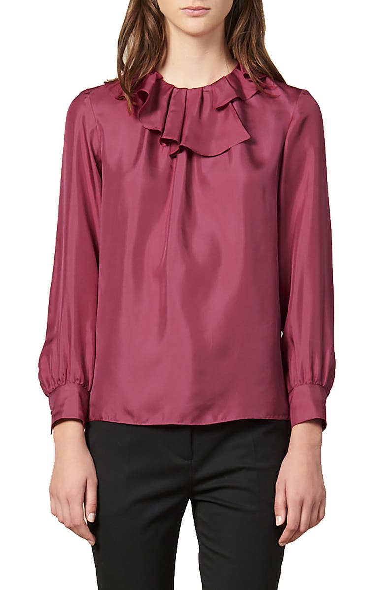 SANDRO Enisa Ruffle Collar Silk Blouse, Main, color,
