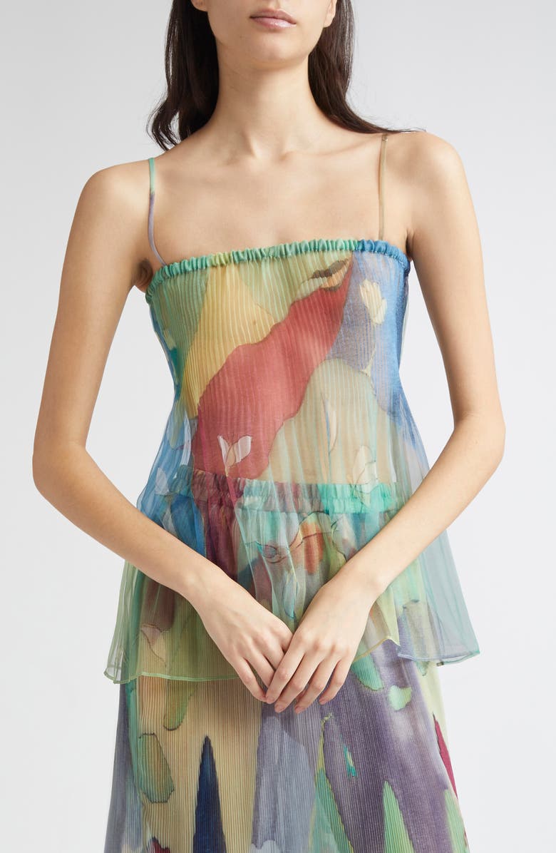 EENK Print Plissé Silk Organza Peplum Top, Main, color, Navy Multi