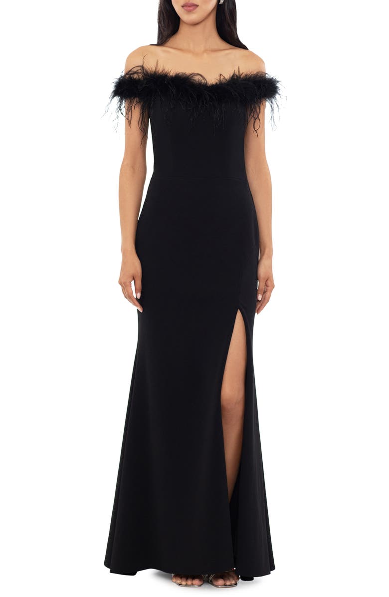 Xscape Evenings Feather Trim Off the Shoulder Scuba Gown, Main, color, 