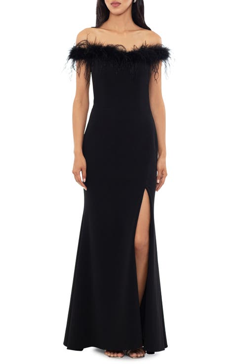 Feather Trim Off the Shoulder Scuba Gown