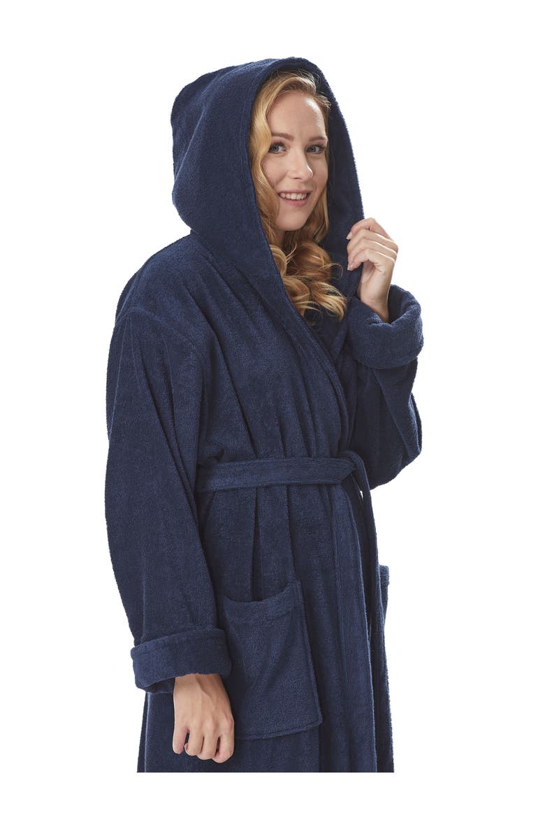 Womens GOTS Certified Oganic Cotton Long Hooded Robe, Alternate, color, Navy