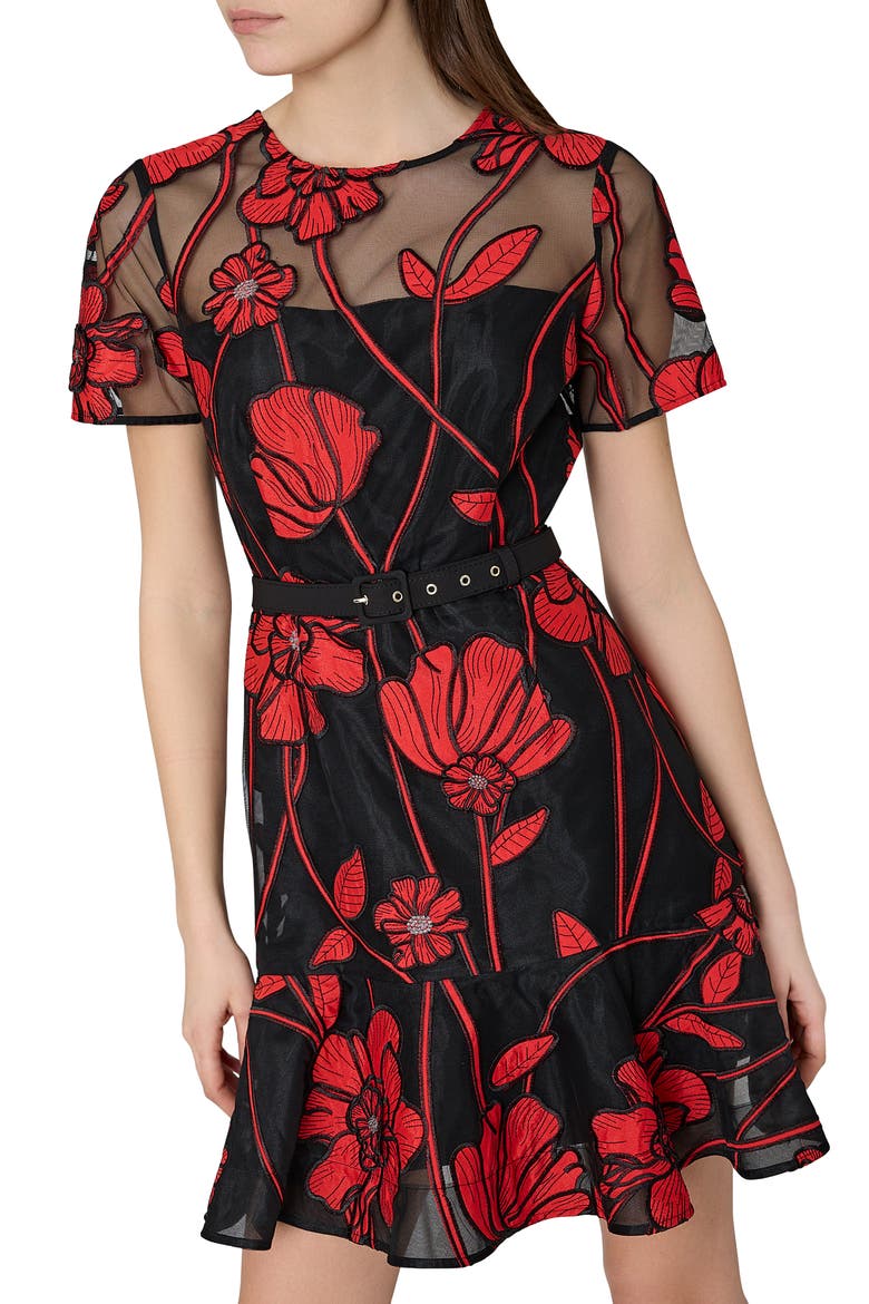 Rosie Grand Fleur Embroidered Dress, Alternate, color, BLACK/ RED