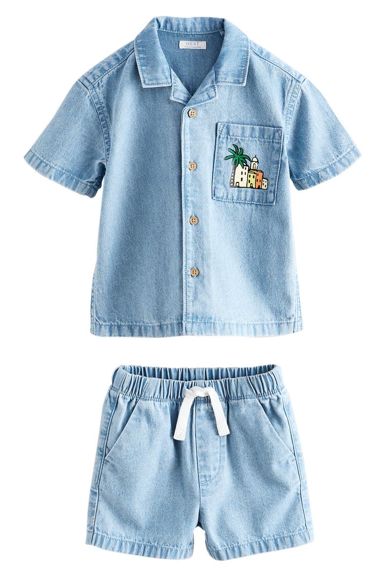 Kids' Graphic Denim Button-Up Top & Shorts Set, Main, color, BLUE