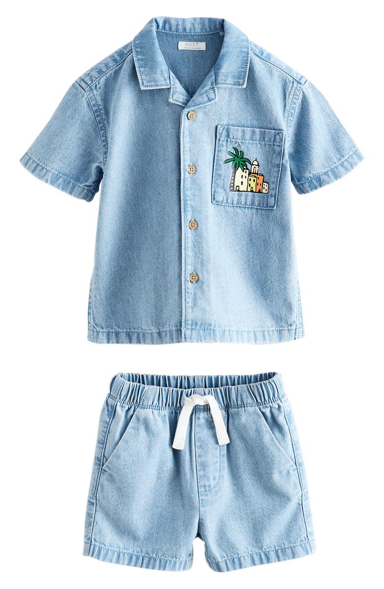NEXT Kids' Graphic Denim Button-Up Top & Shorts Set, Main, color, Blue