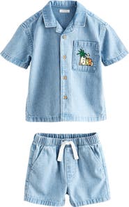 NEXT Kids' Graphic Denim Button-Up Top & Shorts Set