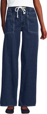Lands' End Lightweight Denim High Rise Relaxed Straight Pull On Pocket Jeans