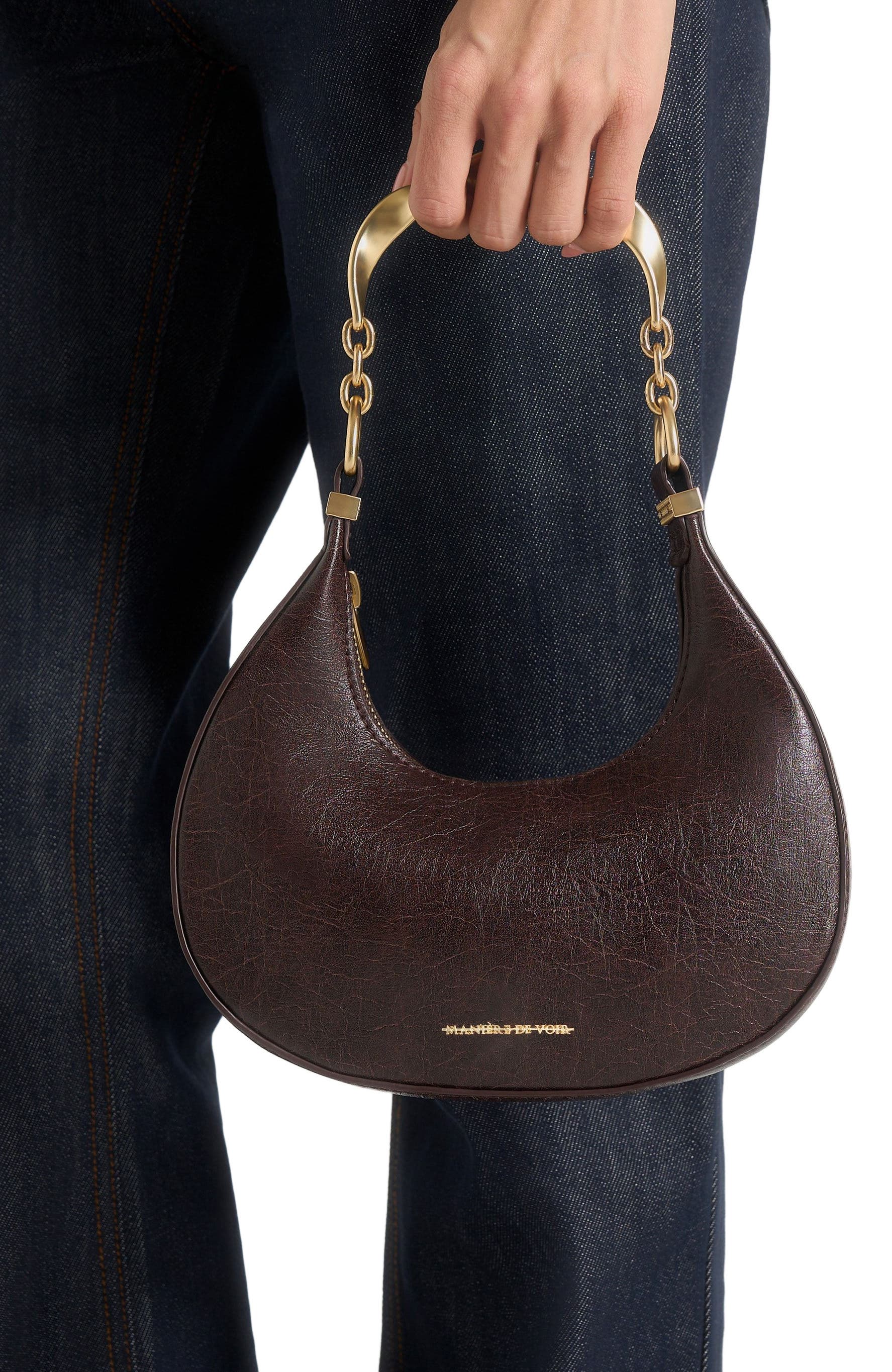 Manière De Voir Sadie Sculpted Leather Crescent Bag, Alternate, color, Brown