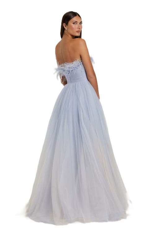 Mac Duggal Strapless Feather Hem Tulle Gown In Blue Ombre