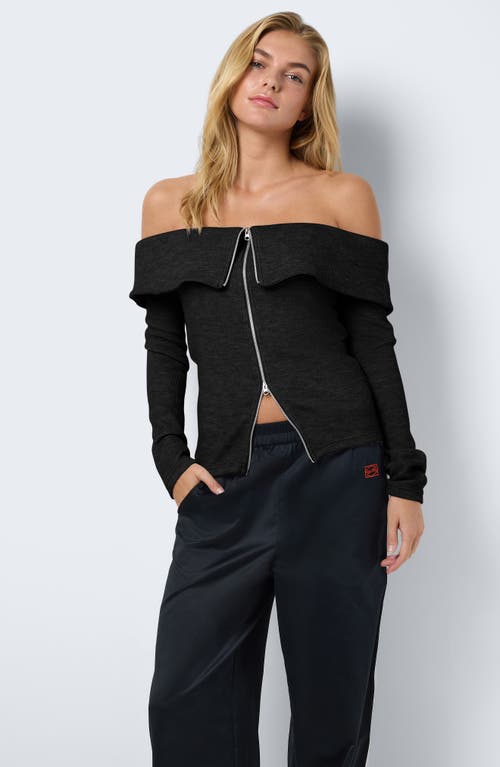 Noisy May Stormy Off-the-shoulder Two Way Zip Long Sleeve Sweater In Black