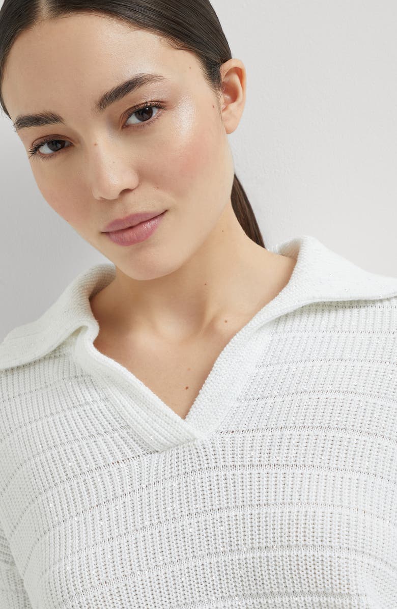 Brunello Cucinelli Cotton Diamond yarn knit polo shirt, Alternate, color, White