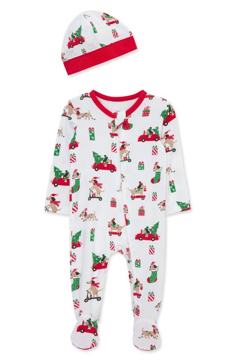 Holiday Pups Stretch Viscose Footie & Hat Set (Baby)
