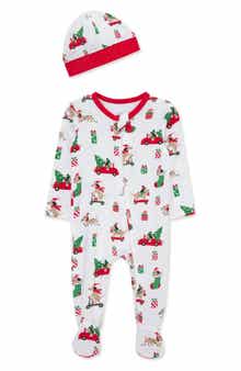 Little Me Holiday Pups Stretch Viscose Footie & Hat Set