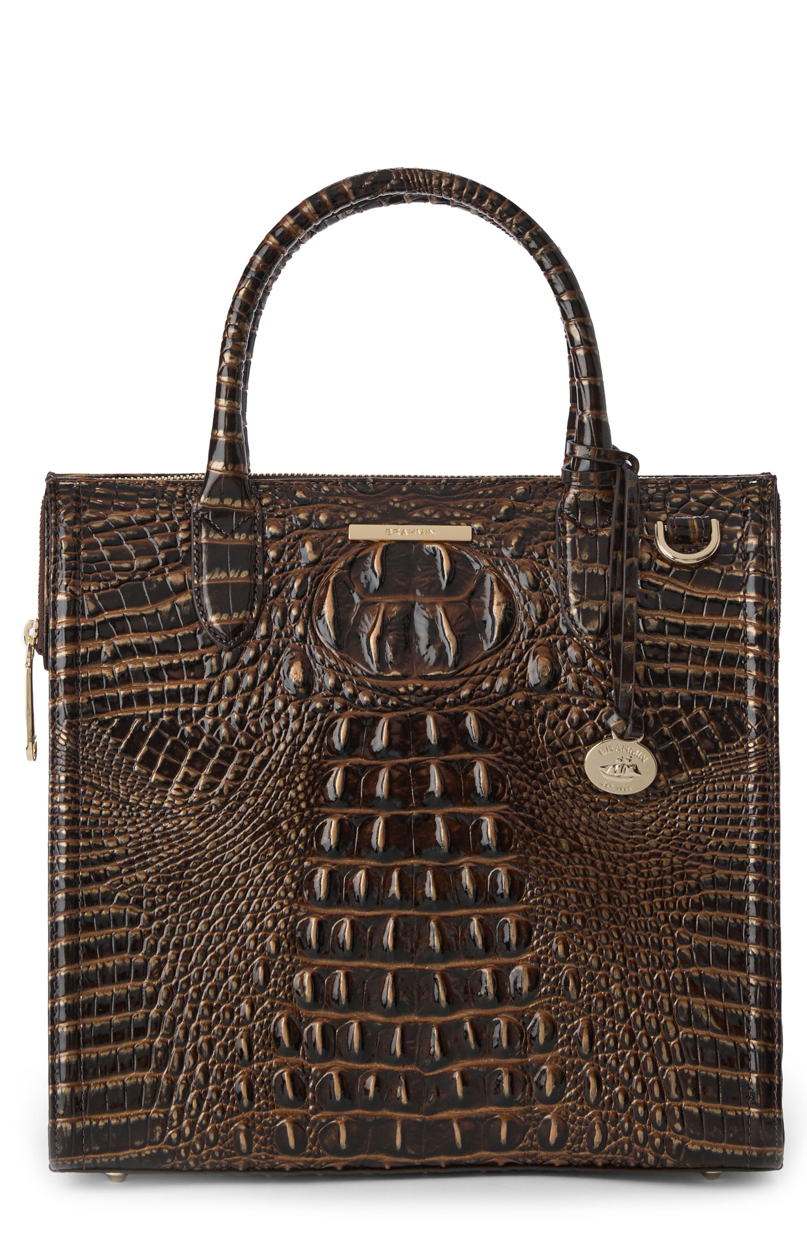 Brahmin Caroline Croc Embossed Leather Satchel, Main, color, Chocolate Melbourne