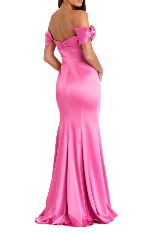 Mac Duggal Off The Shoulder Statement Bow Satin Mermaid Gown In Pink