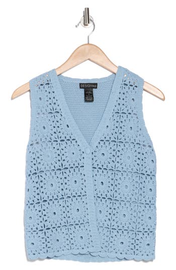 Design History Granny Square Crochet Sweater Vest In Blue Frost