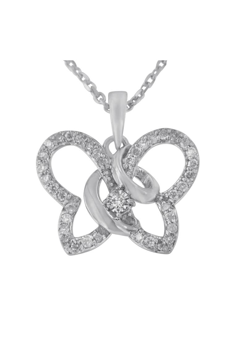 Silver 1/4 cttw Prong-Set Diamond Butterfly 18" Pendant Necklace, Main, color, White