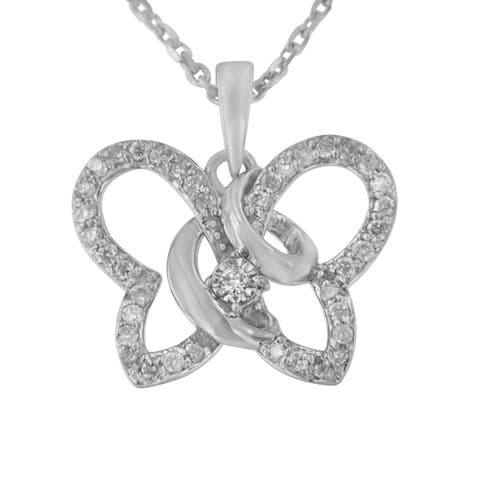 Silver 1/4 cttw Prong-Set Diamond Butterfly 18" Pendant Necklace