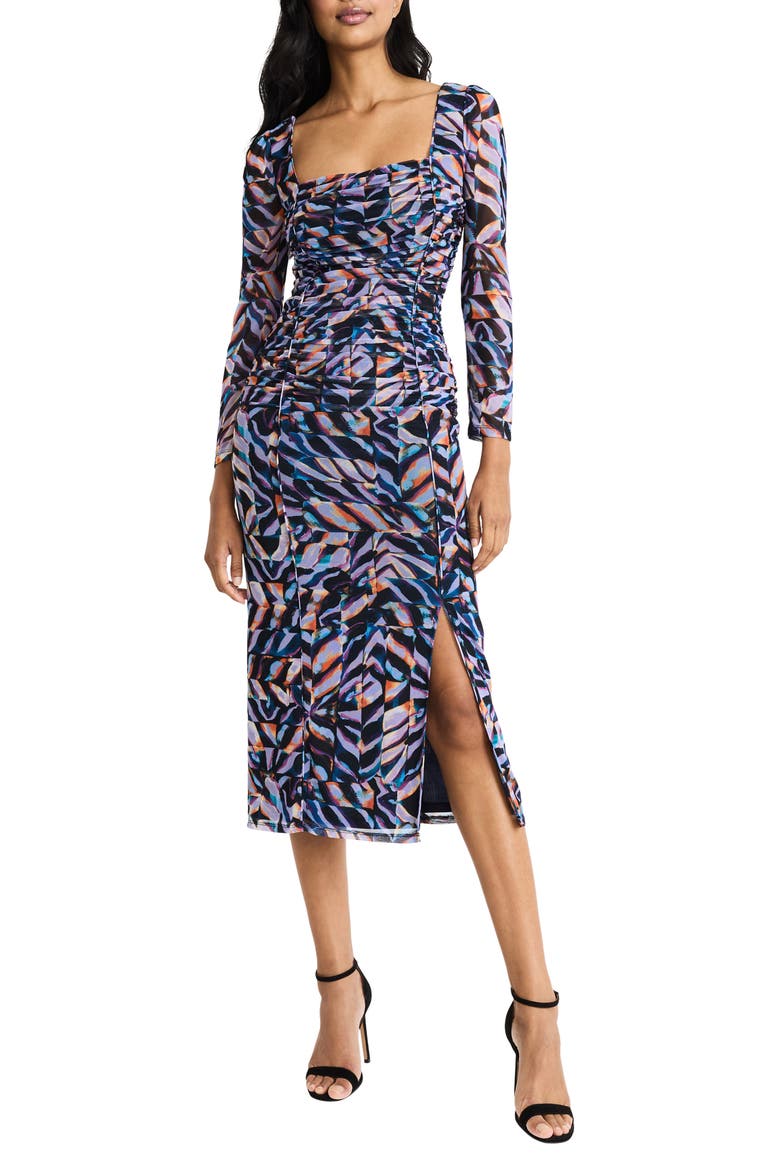 Ruched Mesh Long Sleeve Midi Dress, Main, color, LAVENDER/ TEAL
