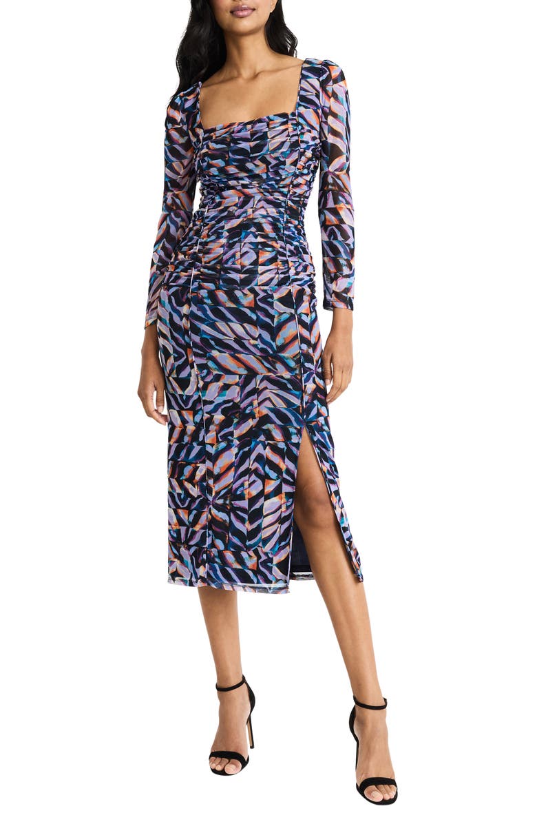 Donna Morgan Ruched Mesh Long Sleeve Midi Dress, Main, color, Lavender/ Teal