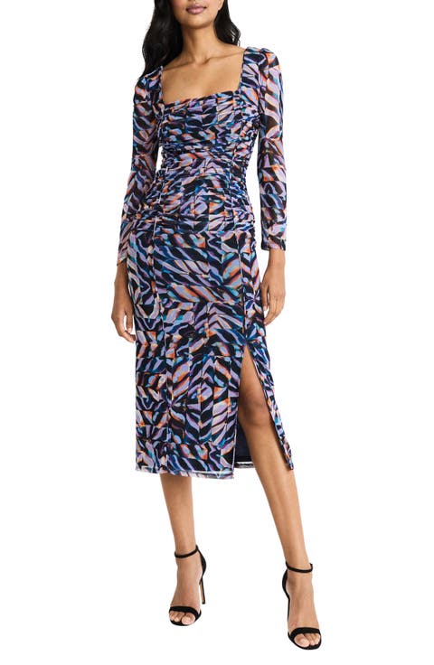 Ruched Mesh Long Sleeve Midi Dress