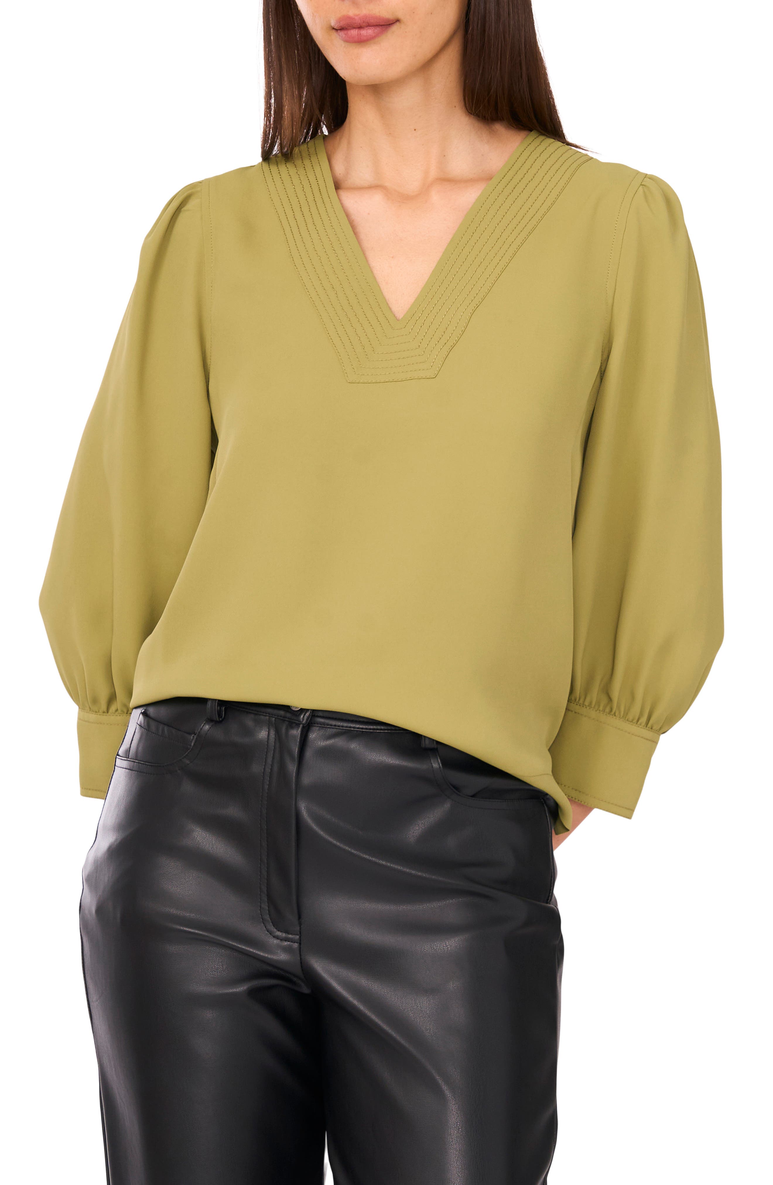 Vince Camuto Topstitched V-Neck Woven Top