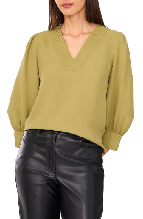 Topstitched V-Neck Woven Top