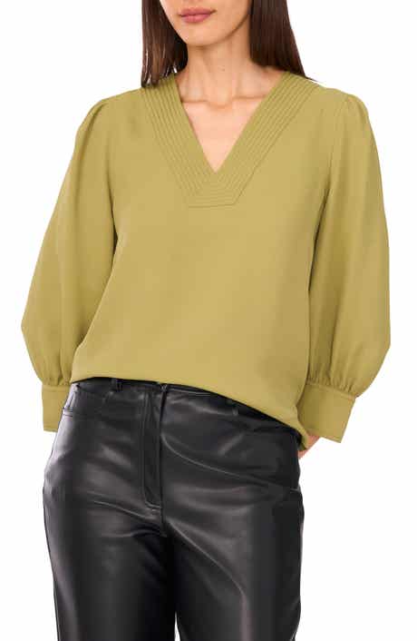 Vince Camuto Topstitched V-Neck Woven Top