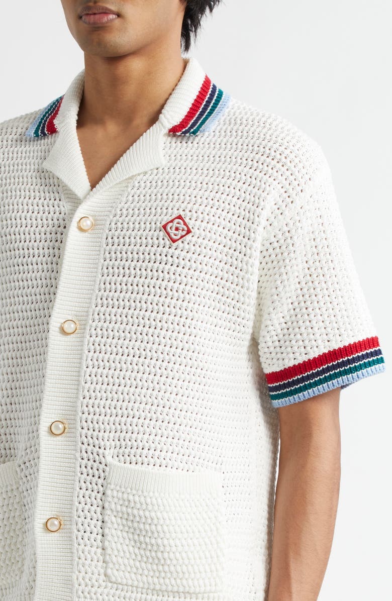 Casablanca Sporty Faux Crochet Cotton Short Sleeve Button-Up Shirt, Alternate, color, 