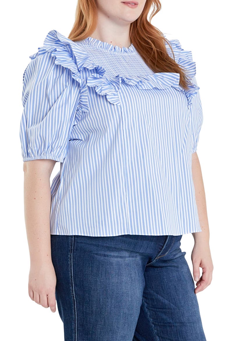Smocked Ruffle Top, Alternate, color, WHITE/POWDER BLUE