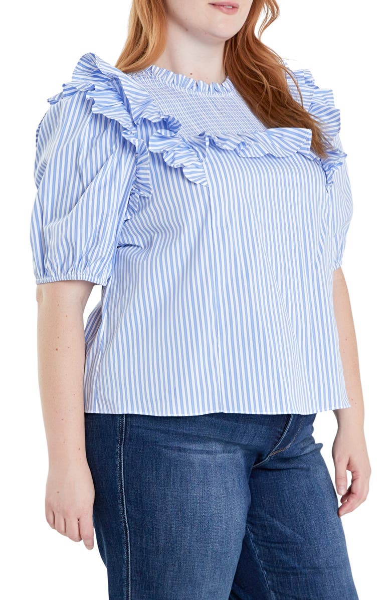 English Factory Smocked Ruffle Top, Alternate, color, White/Powder Blue