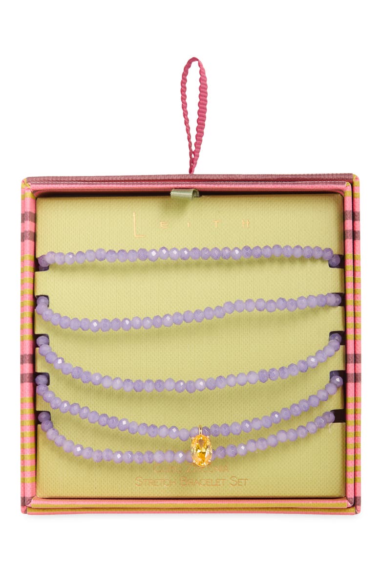 Set of 5 Cubic Zirconia Charm Beaded Stretch Bracelets, Main, color, YELLOW- PURPLE- GOLD