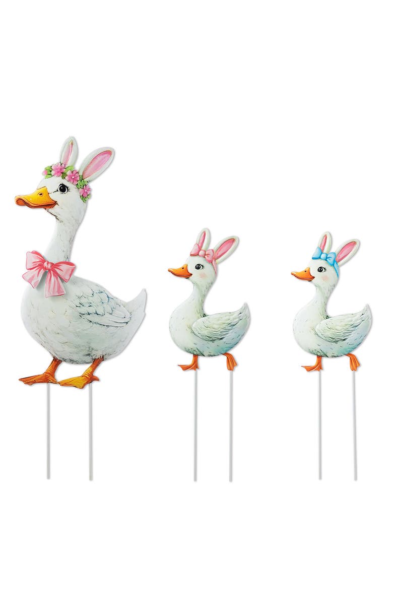 Glitzhome Set of 3 Easter Metal Duck Yard Stake, Main, color, White