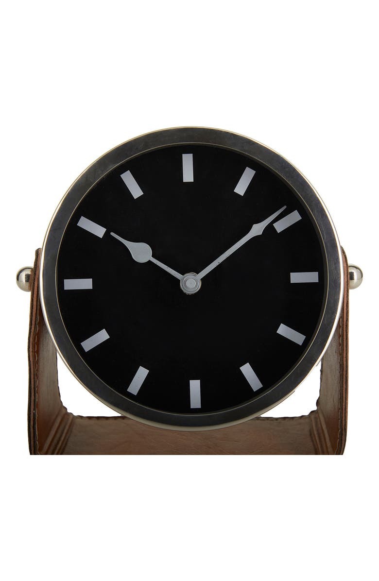 VIVIAN LUNE HOME Silver Stainless Steel Clock with Faux Leather Stand, Main, color, 