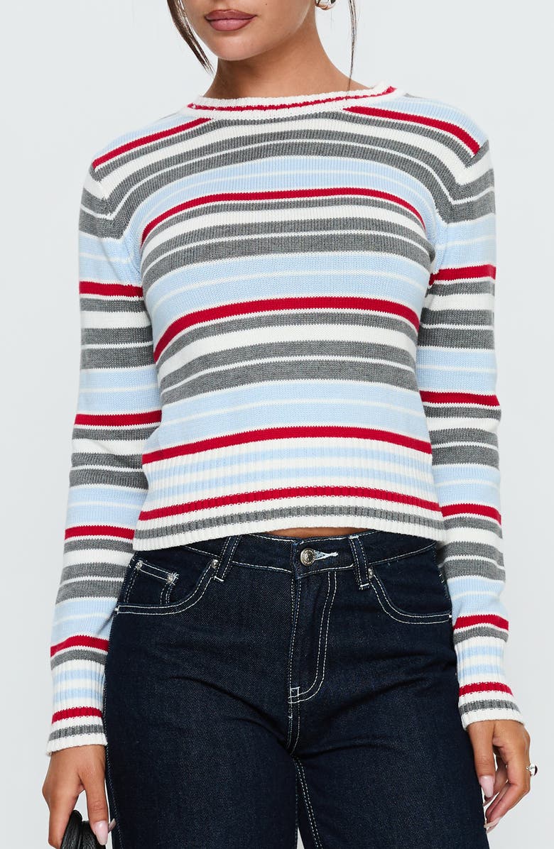 Princess Polly Briette Stripe Crewneck Sweater, Main, color, Blue / Red Stripe