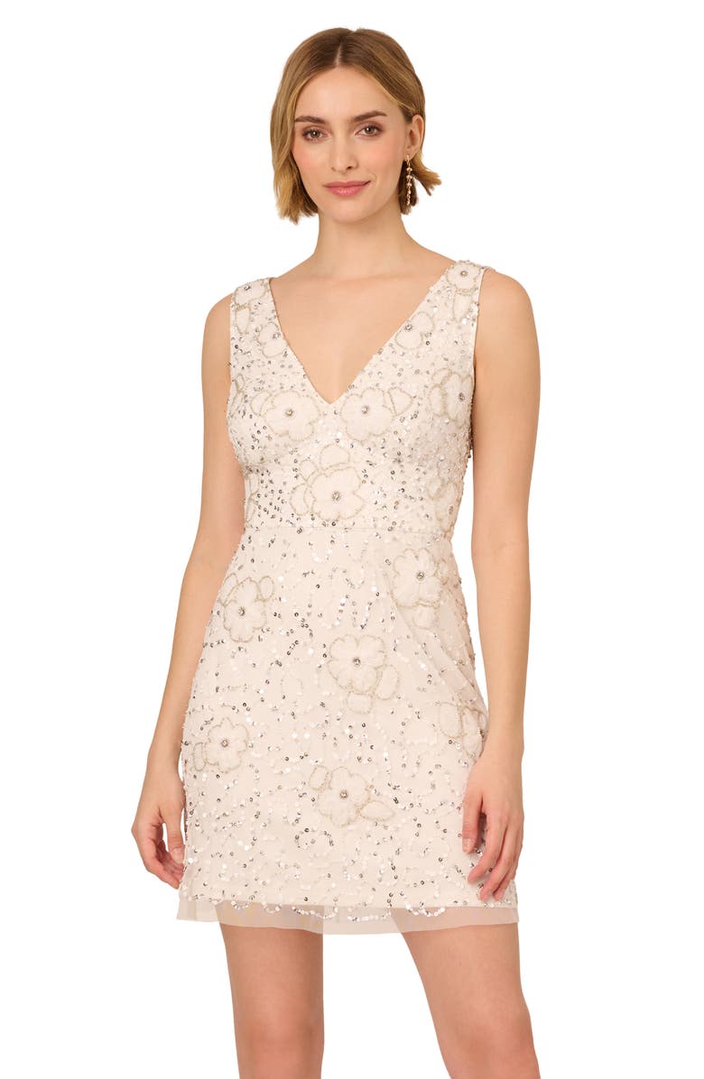 Adrianna Papell Bead & Sequin Tulle Cocktail Dress, Alternate, color, Ivory