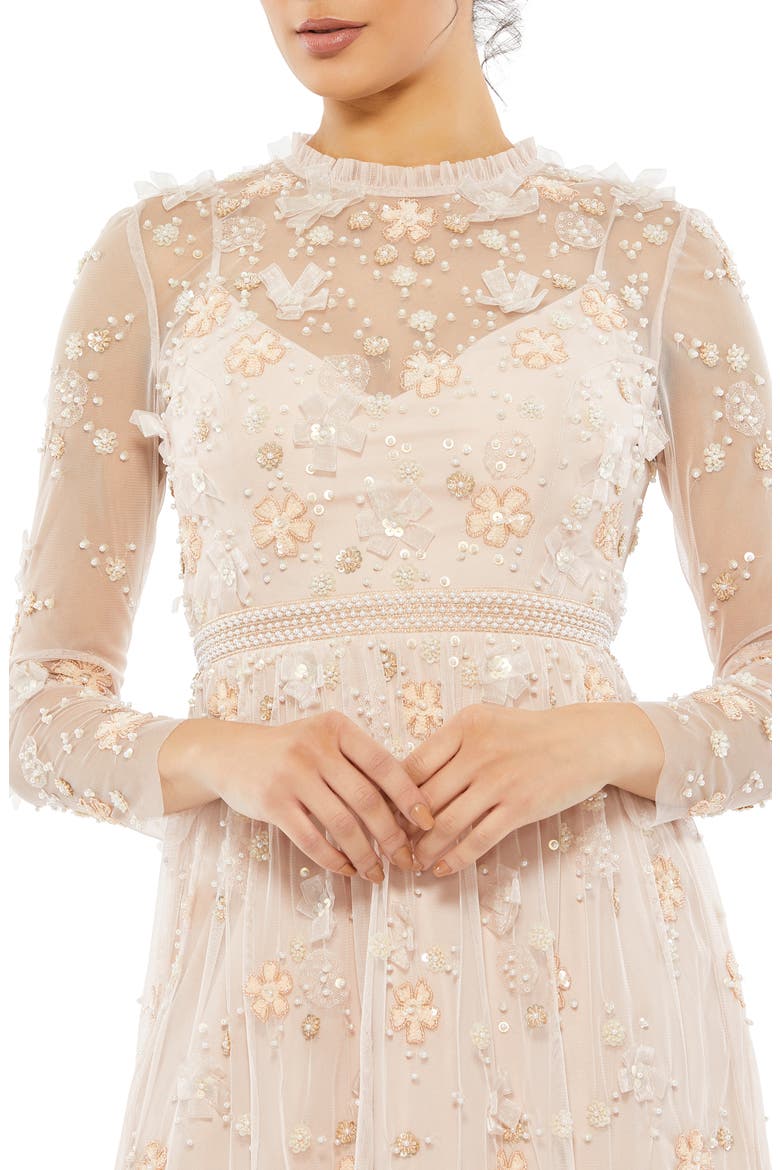 Beaded Floral Long Sleeve Cocktail Minidress, Alternate, color, BLUSH