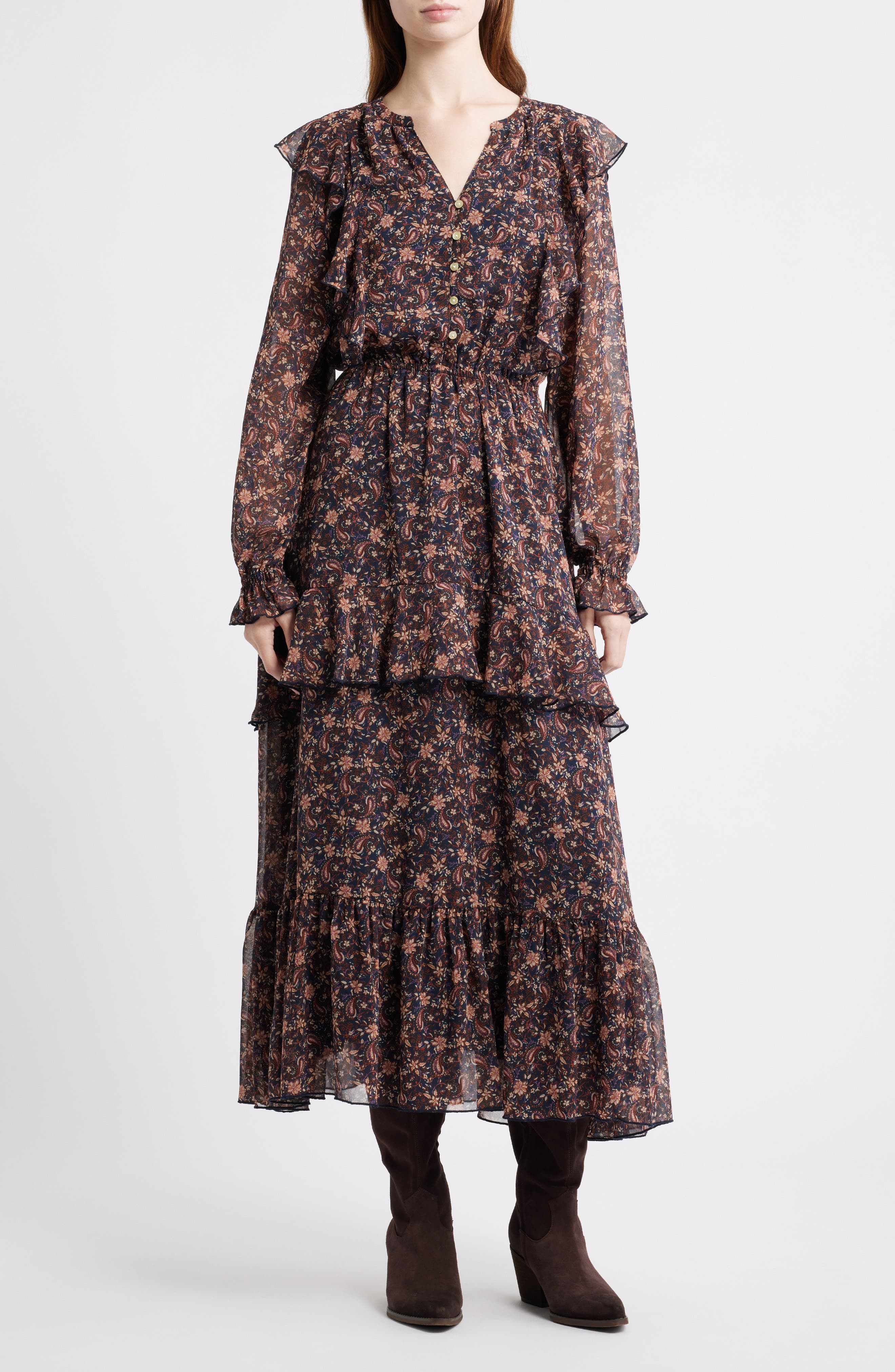 Treasure & Bond Paisley Tiered Ruffle Maxi Dress
